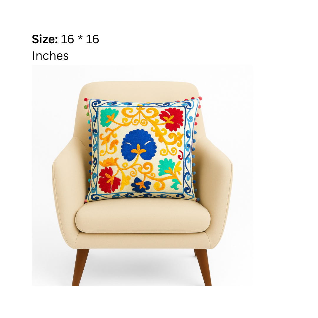 Vibrant Embroidered Floral Cushion Cover