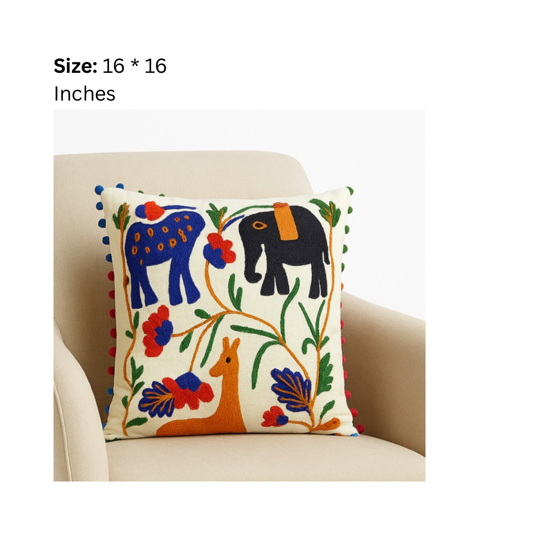 Nature Folk Embroidered Cushion Cover