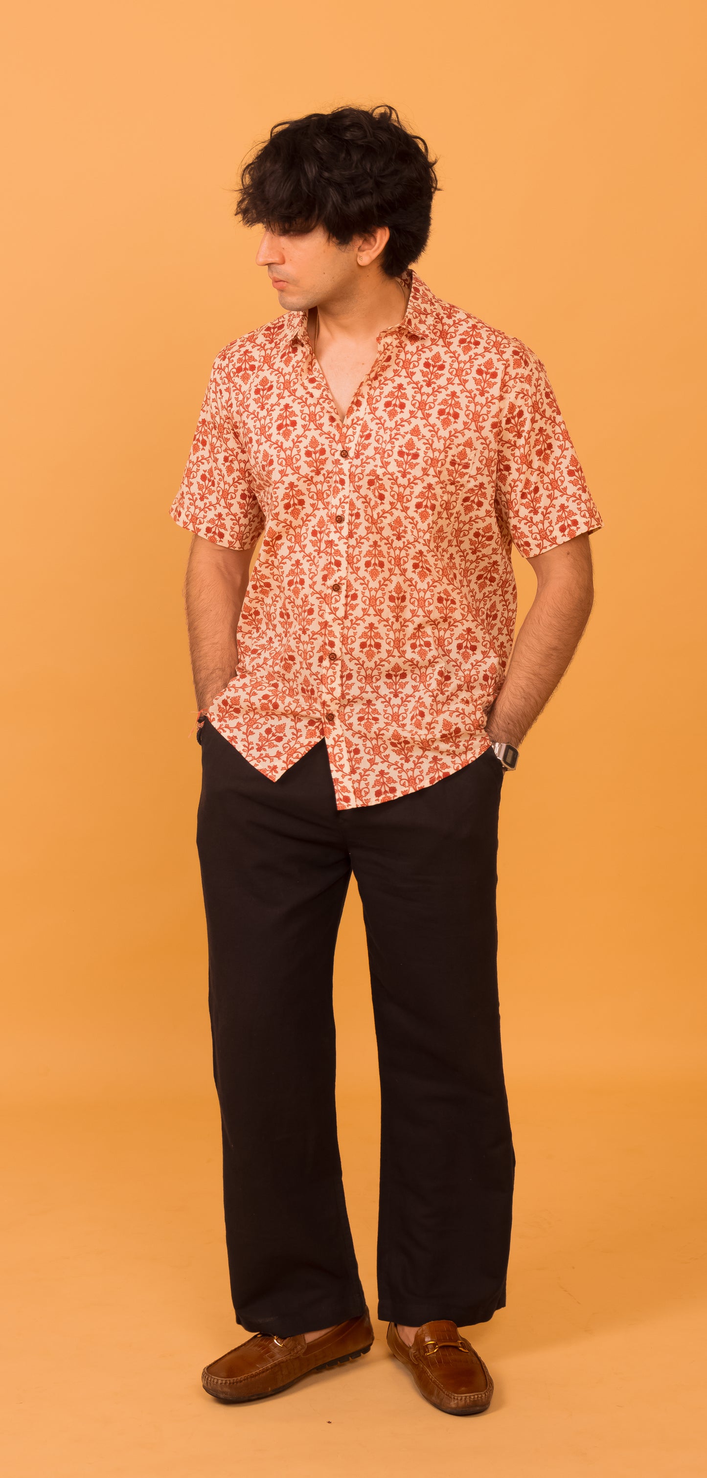 Pink floral on off white base shirt