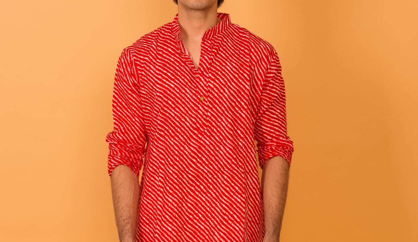 Red lehriya print long kurta