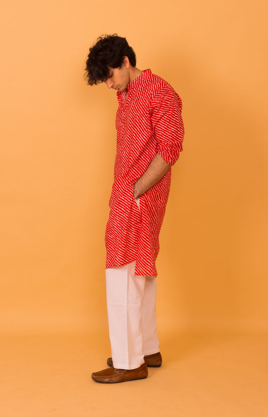 Red lehriya print long kurta