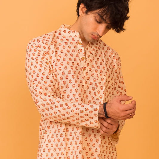 Off white pink floral short kurta