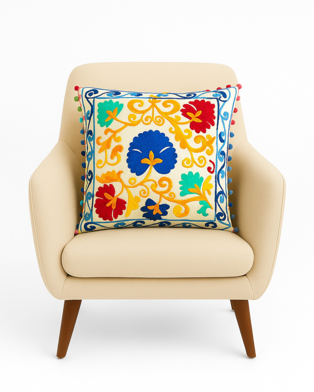 Vibrant Embroidered Floral Cushion Cover