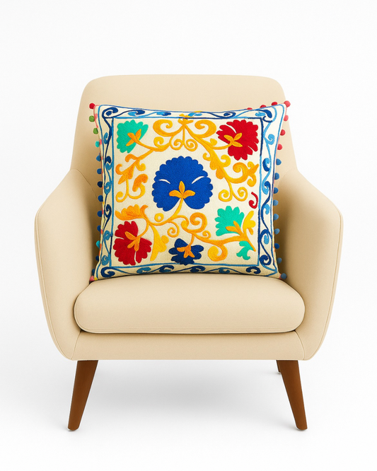 Vibrant Embroidered Floral Cushion Cover