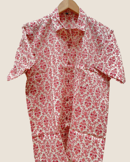 Pink floral on off white base shirt