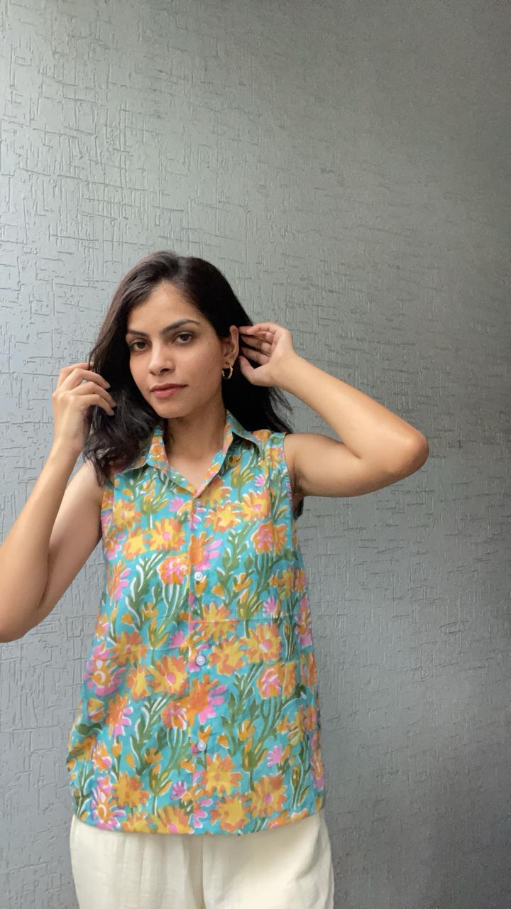 Sleeveless green floral top